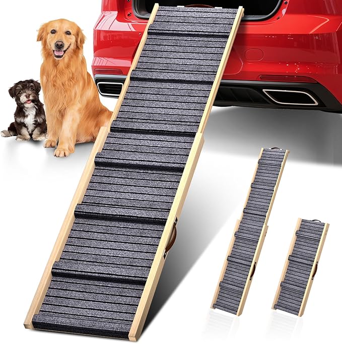 Dog Ramp for Car, 71''x 17'' Extra Long Deluxe Telescoping Design Wooden Pet Ramp, Pet Stair Ramps for Truck SUV with Non-Slip Surface, Portable Outdoor Dog Steps for Medium Large Dogs, Up to 250LBS-PawvioPets