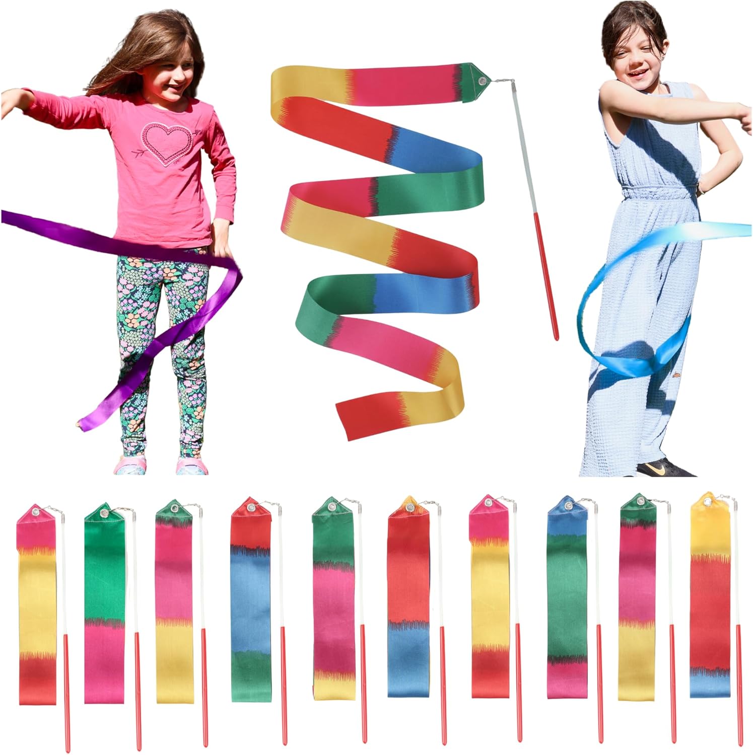 Dance Wands Ribbon Pack, Party Favors for Girls Goodie Bags, Outdoor Kids Rainbow Birthday Party Games, Gymnastics Gift Bags Steamers (multicolored ribbon with Red grip,10pcs set)