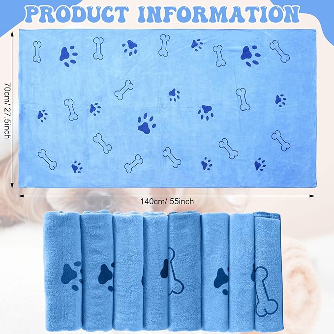 8 Pcs Dog Towels Pet Bath Drying Towels 55 x 28 Inches Large Absorbent Microfiber Quick Fast Drying Soft Beach for Lightweight Cat and Puppy Shower Essentials Cleaning Accessories(Blue)-PawvioPets