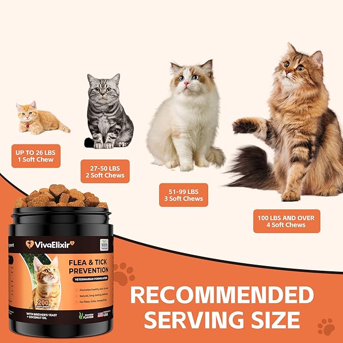 Flea & Tick Treatment for Cats – Natural Flea, Tick & Mosquito Prevention with Brewer’s Yeast, Coconut Oil – Skin & Coat Health, Immune Support – Vet Formulated 200 Chews-PawvioPets