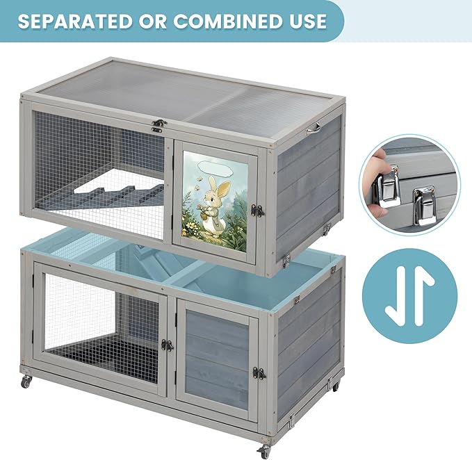 2-Story Wooden Rabbit Hutch for Outdoor & Indoor, Bunny Cage Rabbit House with Wheels, Trays, Ramp, Pet Home for Guinea Pigs, Chickens, Chicken Coop, Gray with Colorful Patterns-PawvioPets
