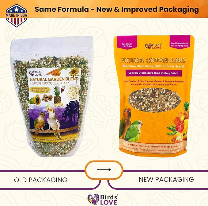 Birds LOVE All Natural Garden Blend Bird Food for Medium Birds - Cockatiels, Green Cheek Conures, Ringneck Parakeets and Small Quakers 2lb-PawvioPets