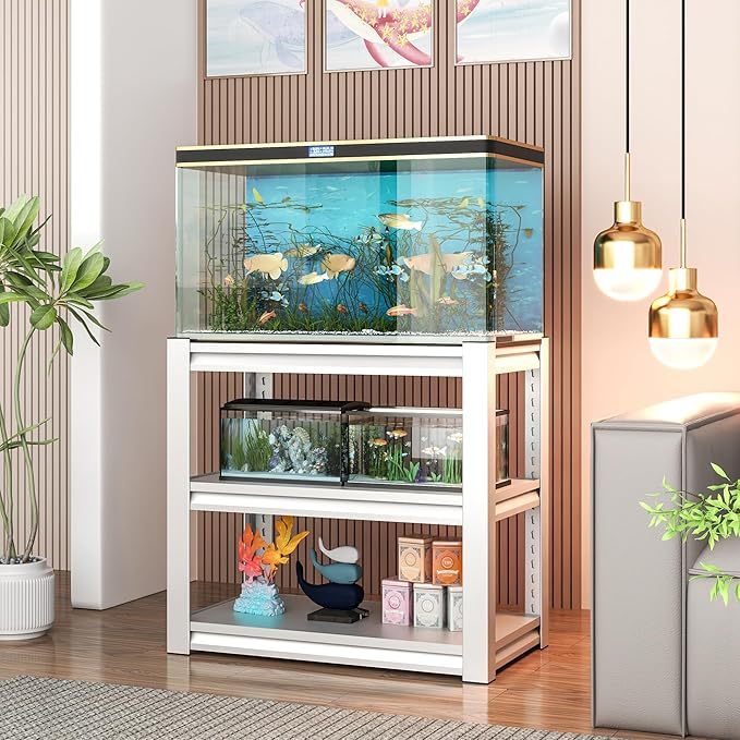 Fish Tank Stand White,3-tier Rack Shelf heavy duty Metal Frame Aquarium Stand 20 Gallon,Reptile Terrarium Stand for 30 Gallon Long Aquarium,Reptile Tank Stand,Breeder Tank Stand,31.5"*18"*34"-PawvioPets
