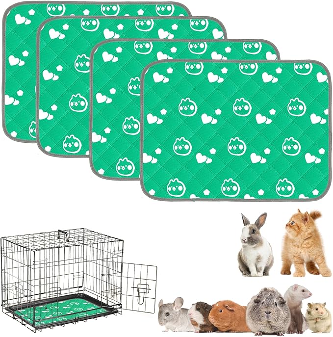 4 Pack Guinea Pig Bedding - Washable Guinea Pig Cage Liners, Waterproof Reusable & Anti Slip Pee Pads Super Absorbent Mats for Small Animals Pet Rabbit Bunny Hamster Rat (Green, 24 x 18 Inch)-PawvioPets