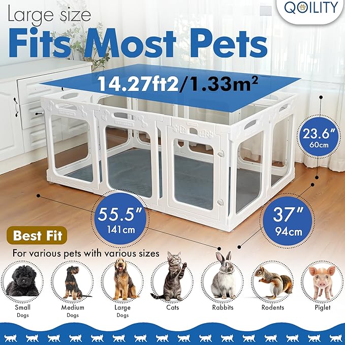 Clear Dog Play Pen Indoor, Effectively Relieves Indoor Pet Anxiety, 56" x 37" x 23.6"H, Suitable for Dogs and Puppies, White-PawvioPets