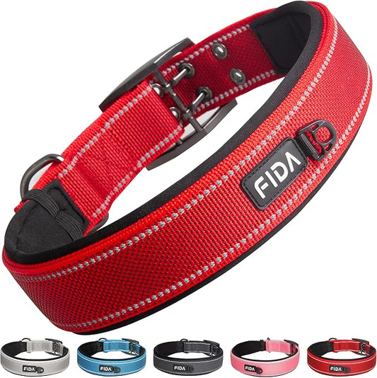 Fida Heavy Duty Dog Collar 1.5” Width, Ultra Soft Neoprene Padded, Adjustable Reflective Nylon Pet Collar with Two Metal Pin Belt Buckle for Large/X-Large Breeds (XL, Red)-PawvioPets