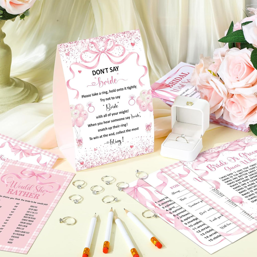 Estune 331 Pcs Bridal Shower Games Supplies, 5 Sets 250 Pcs Wedding Cards 1 Put a Ring on It Bridal Shower Games with 60 Rings and 20 Pencils (Coquette Pink Bow)
