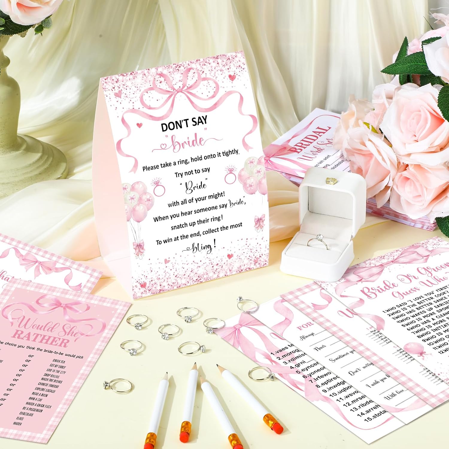 Estune 331 Pcs Bridal Shower Games Supplies, 5 Sets 250 Pcs Wedding Cards 1 Put a Ring on It Bridal Shower Games with 60 Rings and 20 Pencils (Coquette Pink Bow)