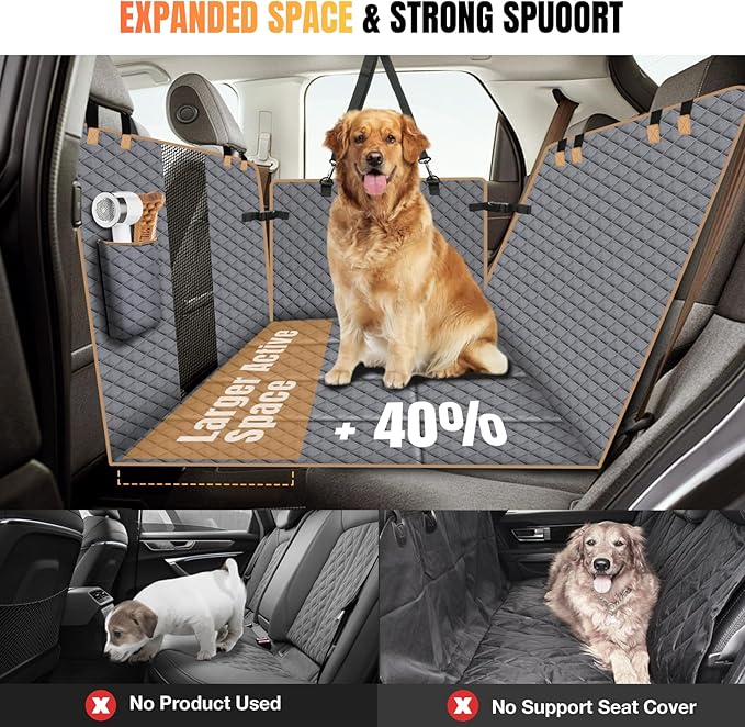 Dog Car Seat Cover for Back Seat, Dog Car Bed Cover with Strong Hard Bottom, Back Seat Extender Hammock for SUV Truck,4 Panels Gray Color-PawvioPets