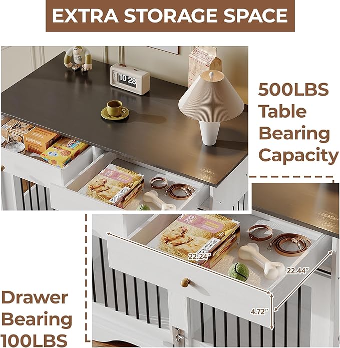 Dog Furniture Crate, 47" Large Dog Crate Furniture w/ 2 Storage Draws & Removable Divider for Large/Medium/Small Dogs (White, Double Cage)-PawvioPets
