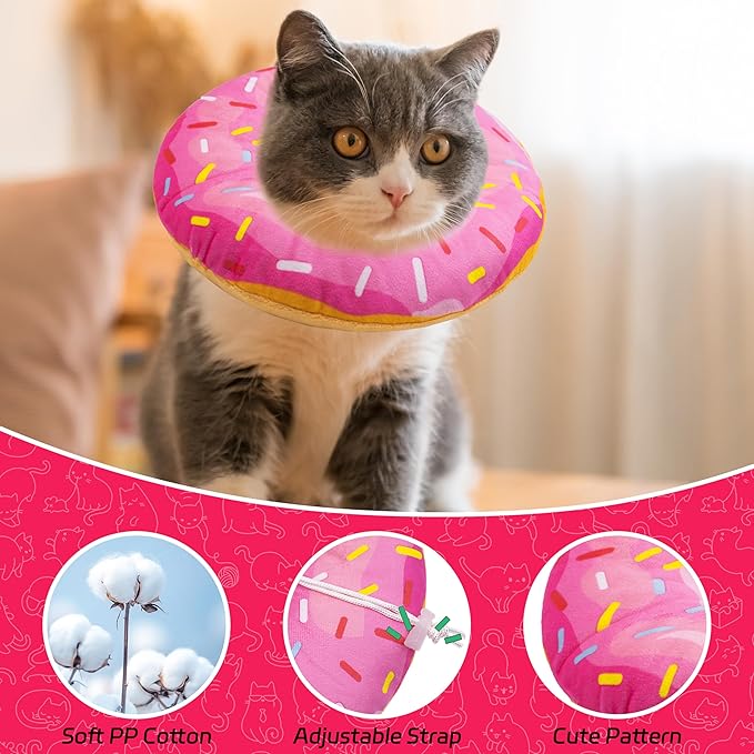 Cat Cone Collar Soft, Adjustable Cat Recovery Collars Spay Cones to Stop Licking, Cute Donut E Collar After Surgery, Anti-Lick Wound Healing Elizabethan Collar for Kittens (Donut Pink, Small)-PawvioPets