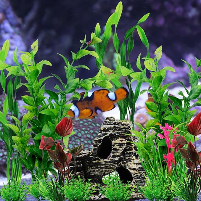Fish Tank Accessories Aquarium Decorations Rock Plants, 20pcs Green Fish Tank Decorations Plants and Cave Rock Decoration Decor Set, Fish Tank Decor, Aquarium Decor Plastic Plants-PawvioPets