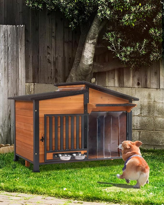 Dog House Outdoor with Bowls Weatherproof Dog Kennel with Anti-Chewing Iron Frame Dog Shelter for Small Medium Dogs-PawvioPets