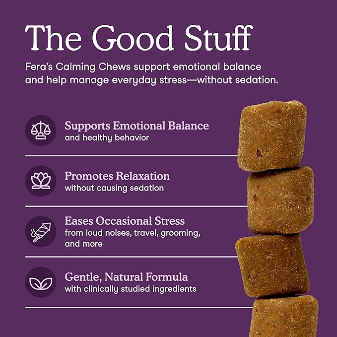 Fera Pets Dog Calming Chews with Ashwagandha & Priome® Mental Wellbeing Postbiotic Blend - Supports Anxiety Relief - Promotes Relaxation - 90 Soft Chews-PawvioPets