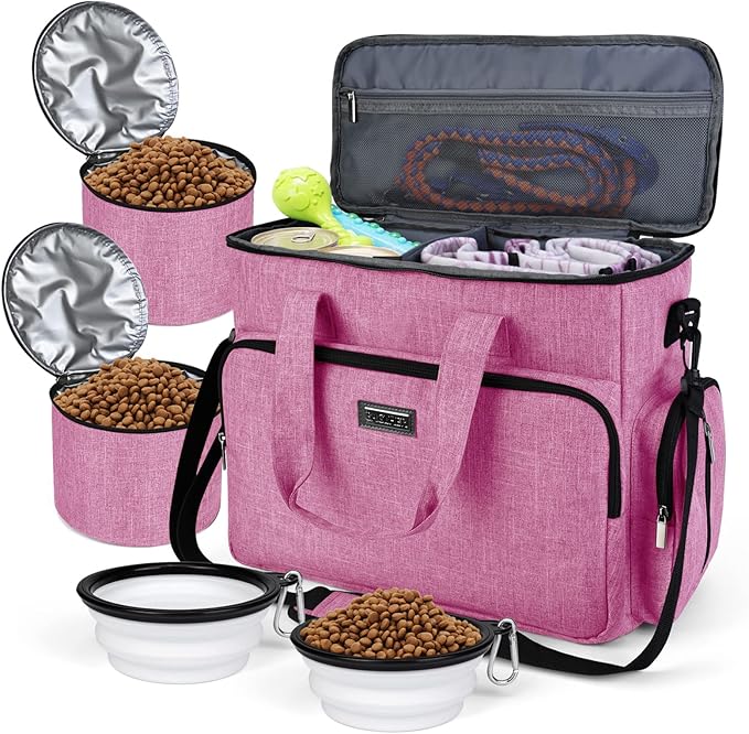BAGLHER Dog Travel Bag, Pet Travel Bag (ALL Pet Travel Supplies), With 2 Pet Food Containers and 2 Collapsible Silicone Bowls; Essential Kits for Pet Travel Pink-PawvioPets