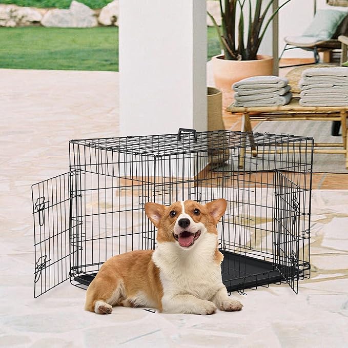 FDW 30 inch Dog Crate Dog Kennel Cage with Double Door Folding Metal Wire Dog Cage with Removable Tray&Divider Panel,Pet Crate for Medium Dogs,Black-PawvioPets