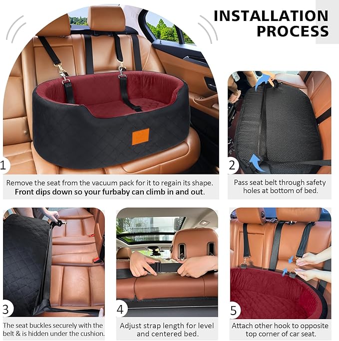 Dog Car Seat for Medium Dogs Up to 50 lbs, Pet Booster Seat for Cars SUVs and Trucks, Travel Dog Bed with Safety Strap, Thick Cushion, Non-Slip Base, Washable and Portable(Black/Red-PawvioPets
