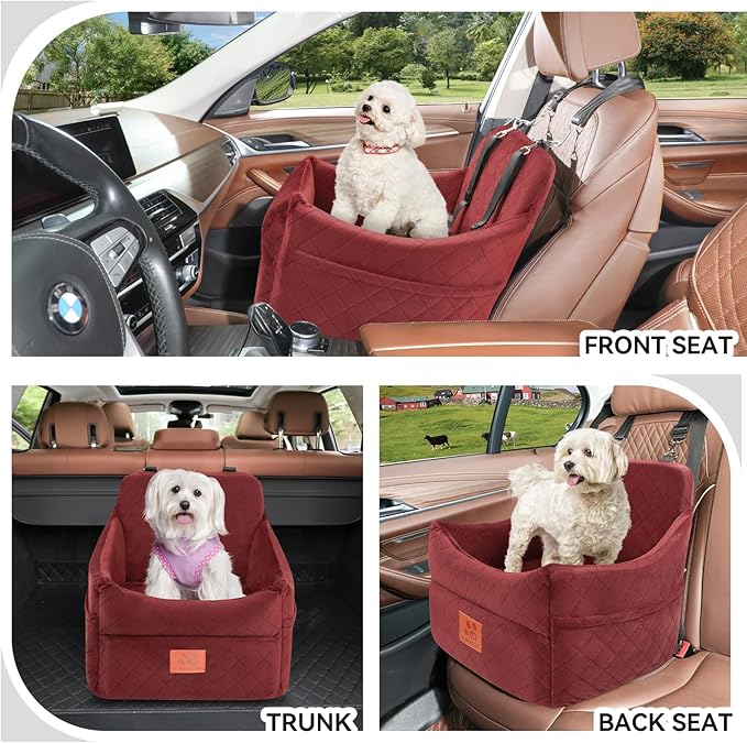 Dog Car Seat for Small/Medium Dogs, Dog Booster Car Seats with Thick Cushion for Dogs Under 35lbs, Detachable Washable Pet Car Seat with Storage Pockets, 2 Safety Belts(Red)-PawvioPets