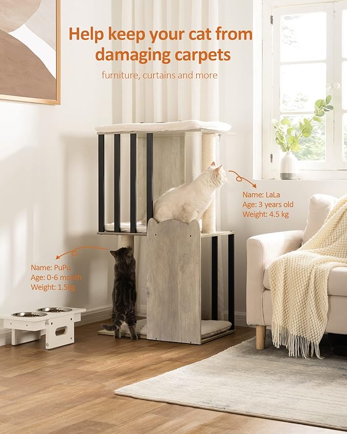 FourFurPets 43.8in 3-Tier Modern Cat Tree Tower Condo, Cat Scratch Posts for Indoor Cats, Big Plate, Two 19.7in Full Sisal Scratching Posts, Greige-PawvioPets