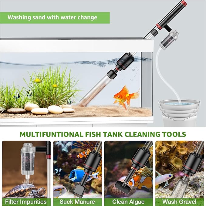 Electric Aquarium Vacuum Gravel Cleaner: 24W Fish Tank Vacuum Gravel Cleaner with Strong Suction for Automatic Water Change Algae Remover Sand Wash Water Shower and Water Circulation, Timed Off-PawvioPets