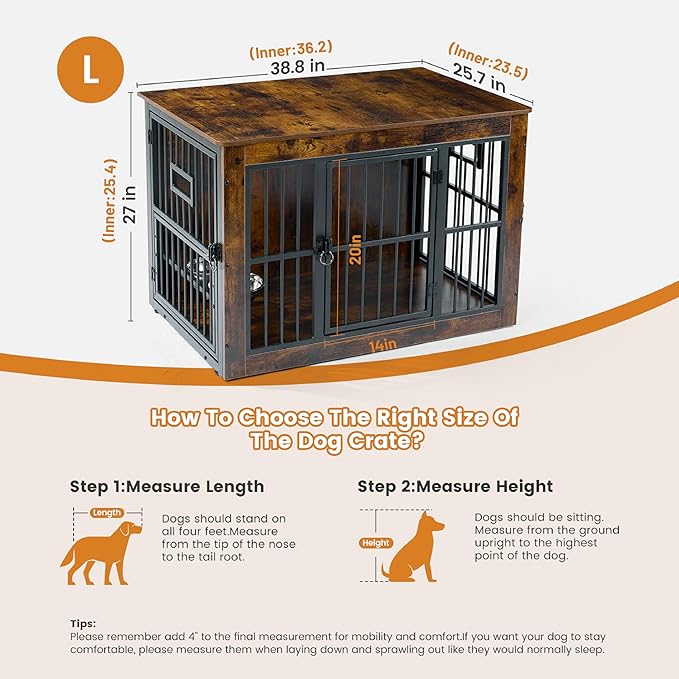 Gardner Pet Dog Crate Furniture for Medium Dogs, 38.8 Inch Dog Kennel Indoor, Wooden Dog Cage End Table with 2 Removable Bowls, Heavy Duty Dog Crate, Rustic Brown-PawvioPets