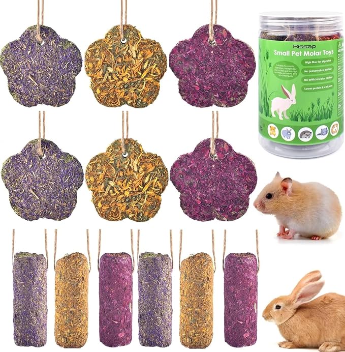 Bissap 12PCS Rabbit Chew Sticks, Hanging Chew Sticks & Cakes Timothy Hay Carrot Strawberry Treat for Bunny Chinchilla Guinea Pig Hamster and Other Small Pets Molar Snack Toy-PawvioPets