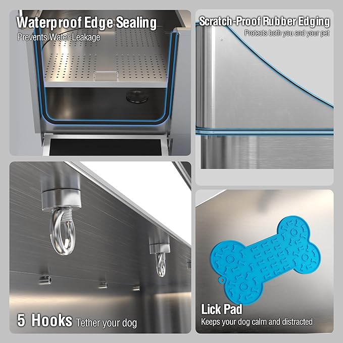 50'' Dog Washing Station - 304 Stainless Steel, LED Dog Bathing Station with Ramp, 2 Drawer, Floor Grate & Lick Pad for Large, Medium & Small Dogs-PawvioPets