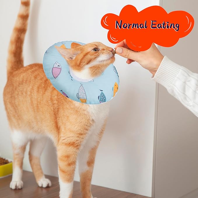 Cat Cone Collar Soft, Spay Soft Cones to Stop Licking, Cat Neck Donut Pillow After Surgery, Spay Cones for Kittens, Soft Recovery Cone for Cats, Elizabethan Kitten Cones (Blue Fish, Medium)-PawvioPets