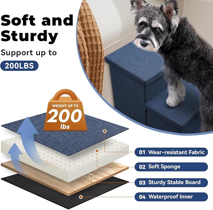 Dog Stairs with Storage 18" H, 3-Step Wider Dog Steps for Small/Medium/Large Dogs Cats, Folding Sturdy Pet Stairs Climbing Bed or Sofa, Ramp for Car Hold Up to 200 lbs (Navy Blue, No Condo)-PawvioPets