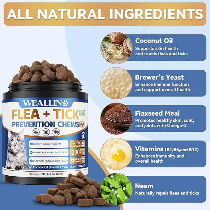 Flea and Tick Prevention for Cats, 200 Soft Chews for Fleas Treatment for Cats, Natural Cat Oral Flea Chewables Support Supplement, Flea and Tick Chews for All Breeds & Sizes-PawvioPets