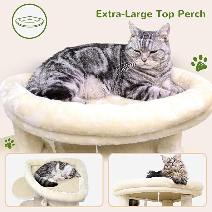 Globlazer Corner Cat Tree for Large Cats, 66inch Tall Curved Series Large Cat Tower for Multiple Indoor Cats with 6 Scratching Posts, 2 Spacious Cat Condos, Hammock, Hanging Basket, C66, Beige-PawvioPets