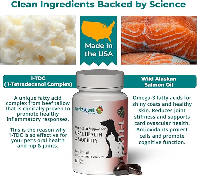 1TDC WorksSoWell Dual Action Joint Supplement for Dogs & Cats - Hip and Joint Supplement for Large Breed & Small Breed - Also Great for Oral Health - Muscle & Stamina Recovery & Arthritis - 60ct-PawvioPets