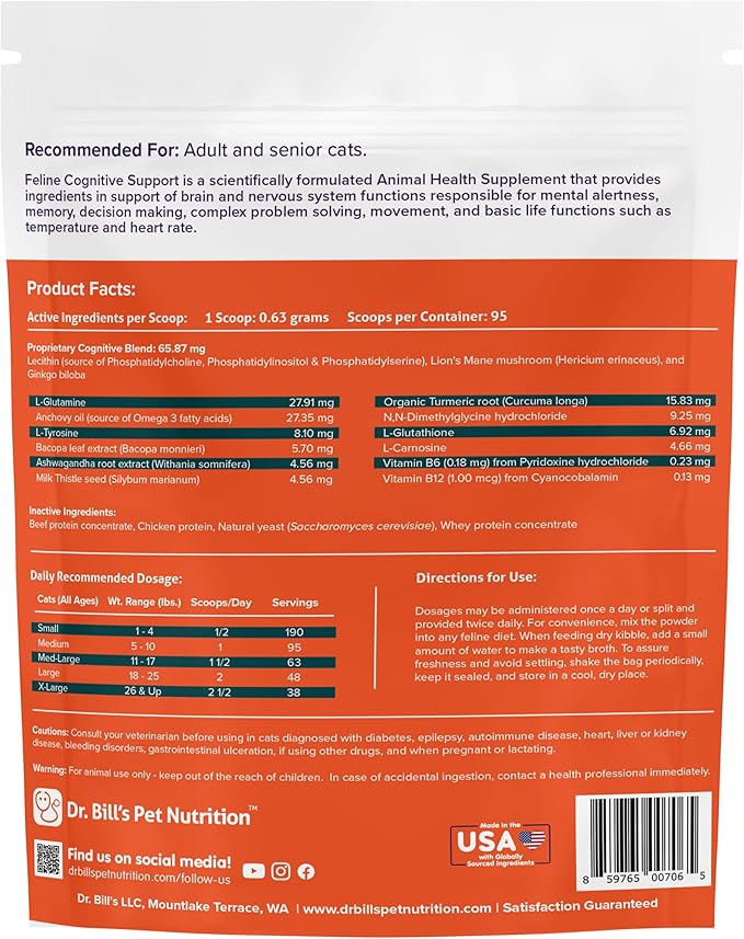 Dr. Bill's Feline Cognitive Support | Memory Support Supplement for Cats | Pet Supplement | Contains Gingko Biloba, L-Carnosine, Vitamin B-12, L-Glutamine, L-Tyrosine, and DHA-PawvioPets