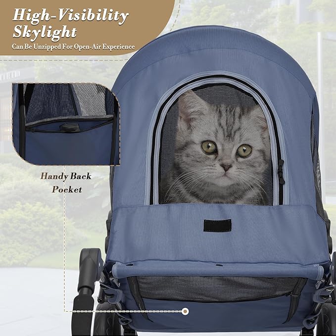 Athena Collection 3 Wheels Pet Stroller Fabric Dog Cart Dog Stroller for Large Dogs 55 Lbs Pet Stroller with Mesh Windows, Zipper Back Pocket, Safety Tether, Angle Adjustable Handlebar, Navy Blue-PawvioPets