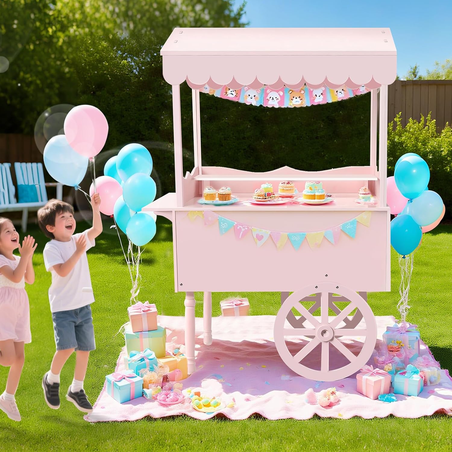 7FT Candy Cart Display Stand with Decorated Wheels, Dessert and Party Decoration Cart with 100 Ballons, Easy to Install Vintage for Parties, Birthdays, Weddings, (pink)