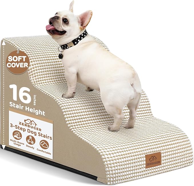 Dog Ramp and Stair for Bed 16" H-20 H,3-Step Cat Stair for Sofa and Chair,4-Step Dog Ramp for High Bed and Window,Durable Nonslip Fabric Cover for Indoor (Beige-16 H, Pet Friendly, 3)-PawvioPets