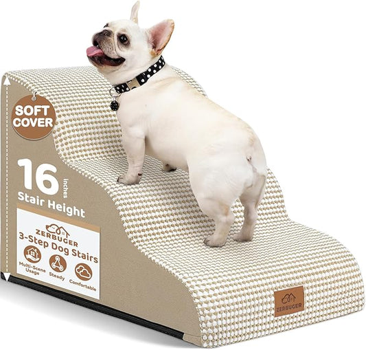 Dog Ramp and Stair for Bed 16" H-20 H,3-Step Cat Stair for Sofa and Chair,4-Step Dog Ramp for High Bed and Window,Durable Nonslip Fabric Cover for Indoor (Beige-16 H, Pet Friendly, 3)-PawvioPets
