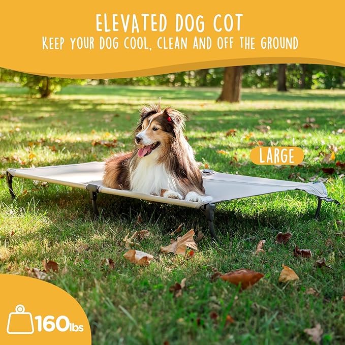 Daisy Cot, Large Foldable Elevated Dog Bed, Portable Raised Outdoor Folding Dog Cot, Cooling, Chew Proof, Waterproof, Heavy Duty Up to 160 Lbs for Camping/Home, Brown, 43"x27"x7”-PawvioPets