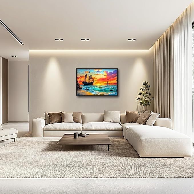 Framed Large Ship Wall Art for Living Room, Oversized Coastal Beach Boat Wall Decor Nautical Seascape Sailboat Canvas Painting Modern Artwork Home Decoration for Living Room Bedroom 36"x24"-PawvioPets