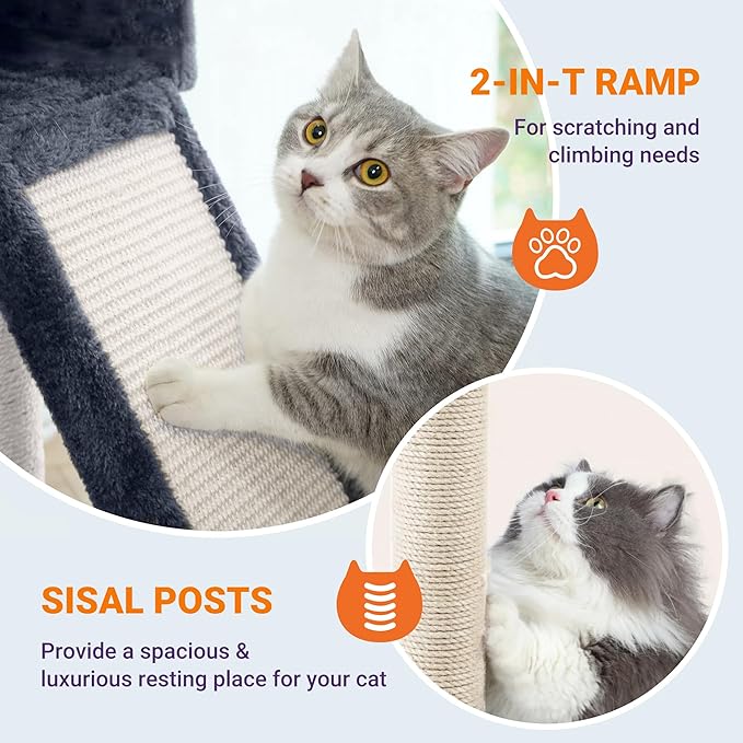 Allewie 81 Inches Tall Cat Tree/Multi-Level Large Climbing Tree House and Towers for Big Feline/Condo and Hammock/Scratching Post/Wide Base/Dark Grey-PawvioPets