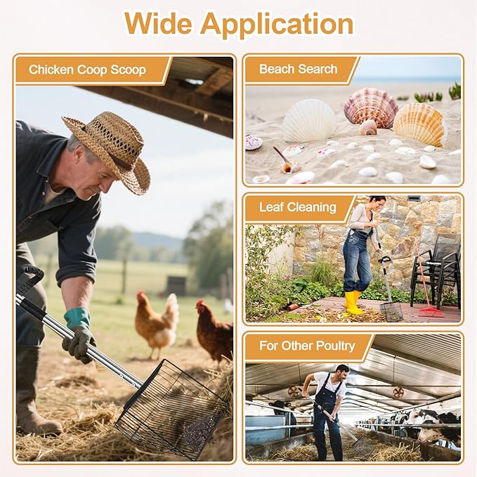 15" Chicken Poop Scooper & Rake, Metal Chicken Coop Scoop for Poop with 24 to 68" Adjustable Stainless Steel Handle, Litter Scooper Sifting Shovel Chicken Coop Accessories-PawvioPets