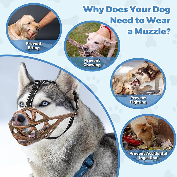 Dog Muzzle for Large Dogs, Breathable Basket Muzzles for Small, Medium and X-Large Aggressive Dog, Allows Panting Drinking, Suitable for Grooming Trimming Training (Camouflage Brown, XL)-PawvioPets