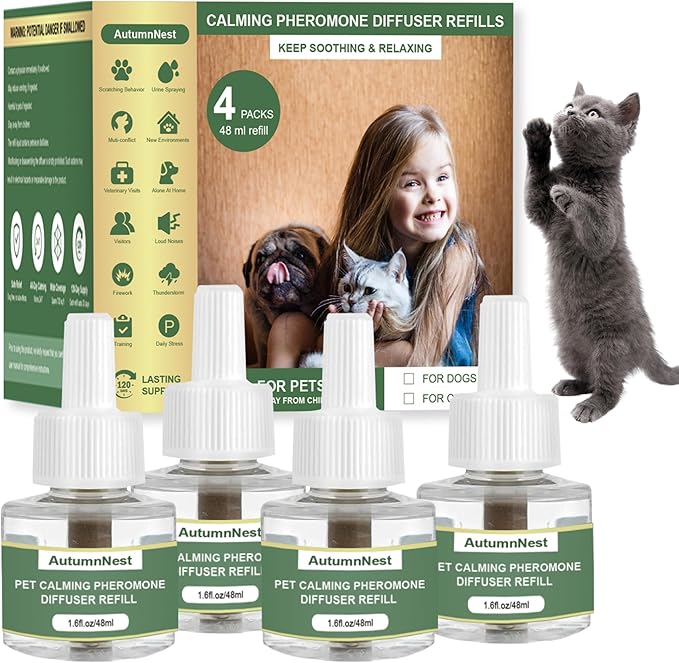 Cat Calming Pheromone Diffuser Refills, 4 Pack 48ml, Helps Relieve Cat Anxiety, Reduce Stress, Aggression, Fighting, Spraying, Scratching, Supports Cats During Vet Visits, Travel, Multi-Cat Homes-PawvioPets