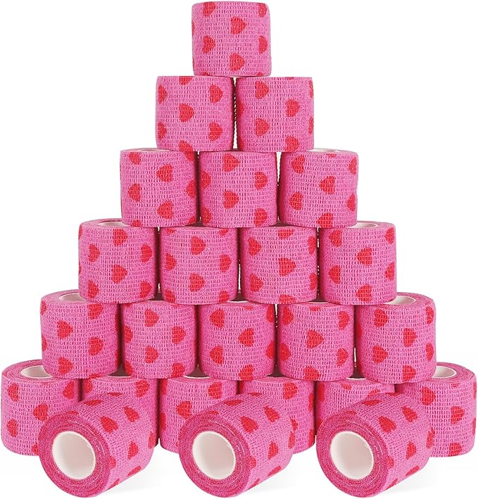 24 Pack Self Adhesive Vet Wrap & Medical Tape, 2 Inch x 5 Yards Cohesive Bandage Wrap - Pink Heart Grip Tape for Ankle, Wrist Sprains, Sports, Pet First Aid-PawvioPets
