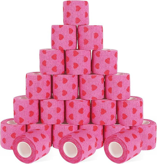 24 Pack Self Adhesive Vet Wrap & Medical Tape, 2 Inch x 5 Yards Cohesive Bandage Wrap - Pink Heart Grip Tape for Ankle, Wrist Sprains, Sports, Pet First Aid-PawvioPets