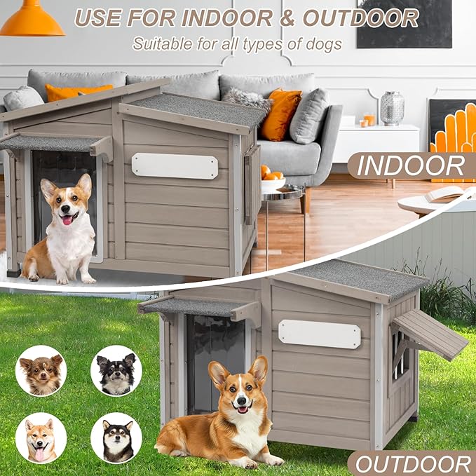 43" L Outdoor Extra Large Dog House with Removable Floor, Raised Feet, Anti-Chewing Iron Frame – Wooden Kennel with Asphalt Roof, Window for Indoor/Outdoor Use, Ideal for Medium to Large Dogs-PawvioPets