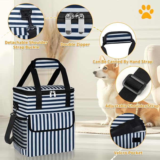 Dog Travel Bag for Camping - Pet Travel Accessories with 2 Collapsible Bowls, 2 Food Containers & Waterproof Feeding Mat - Portable Dog Carrier, Stripe (Small)-PawvioPets