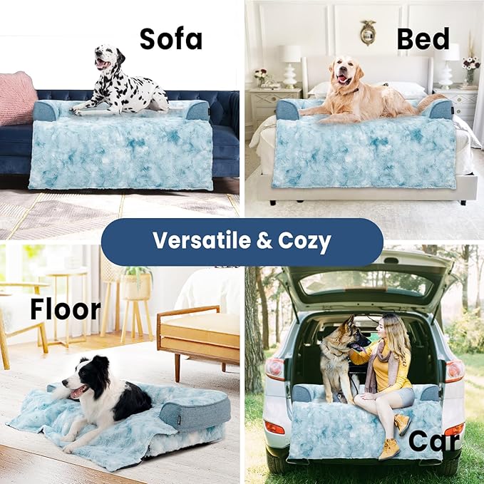 Calming Dog Couch Bed for Large Dogs, 41 x 37 inch Waterproof Removable Pet Mat Couch Cover for Furniture Protector, Non-Slip Fluffy Pelsbarn Dog Bed for Couch, Sofa, Outdoor - Tie-Dye Blue-PawvioPets
