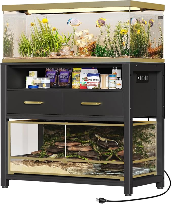 40-50 Gallon Fish Tank Stand with Power Outlet & 2 Storage Drawers, Heavy Duty Metal Frame Aquarium Stand with Waterproof Mat, 36.6" L*19.1" W Tabletop, 800LBS Capacity, Black-PawvioPets