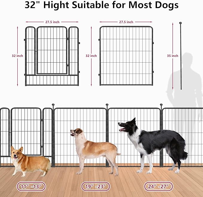 Dog Playpen 32 inch 16 Panels Indoor Outdoor Dog Pen for Medium/Small Dogs Heavy Duty Metal Dog Fence Outdoor for Yard, Puppy Playpen with Door Portable Pet Fence for RV Camping Yard-PawvioPets